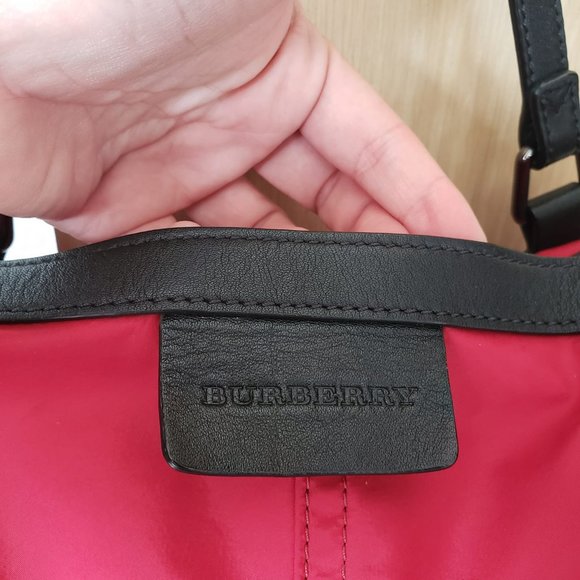 Burberry, Buckleigh Red Nylon/ Black Leather Tote w/  Side Toggles - Picture 4 of 15